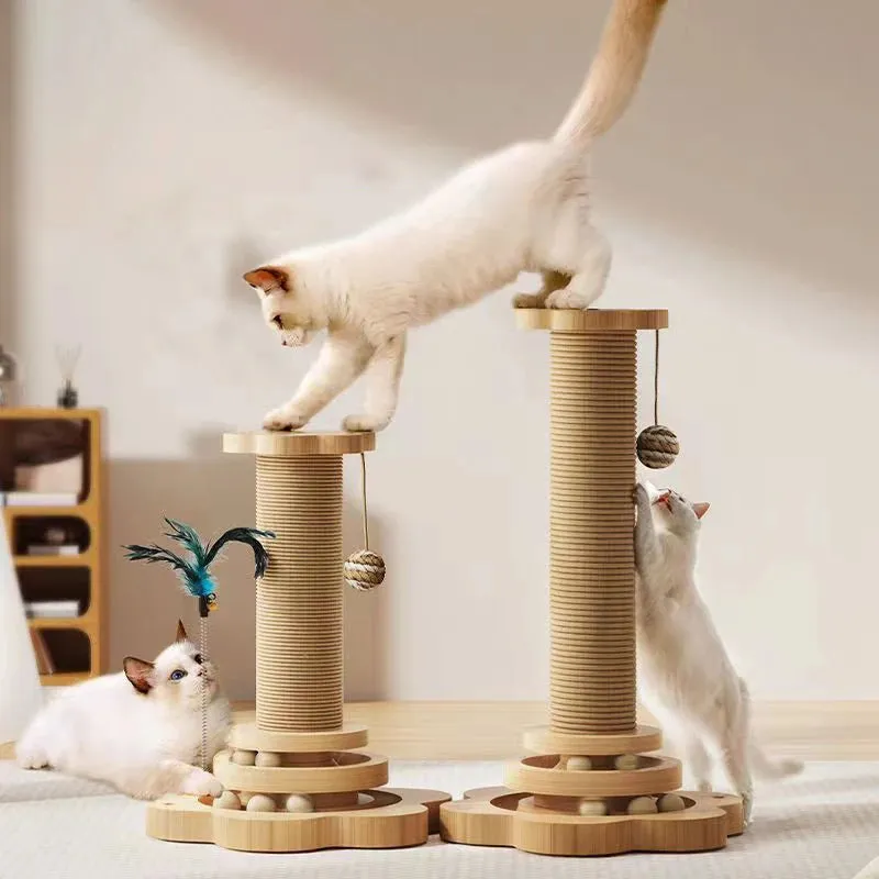 Deluxe Wooden Cat Scratching Post with Sisal and Interactive Toys