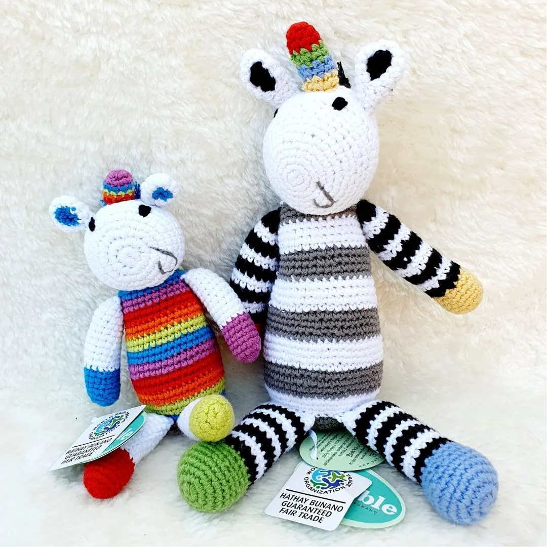 Fair Trade Crochet Cotton Black & White Unicorn Rattle Soft Toy Sensory Toys