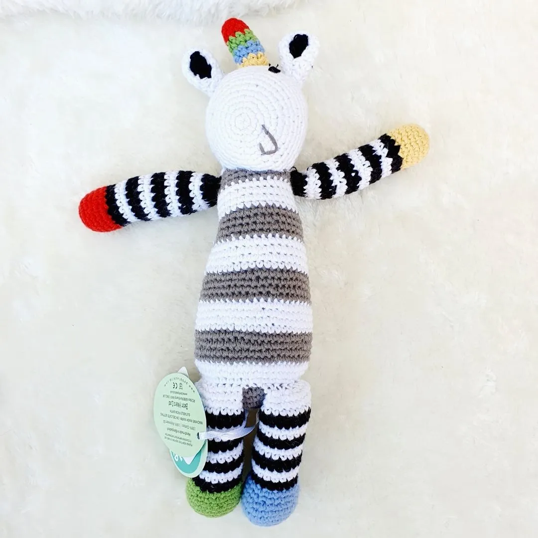 Fair Trade Crochet Cotton Black & White Unicorn Rattle Soft Toy Sensory Toys