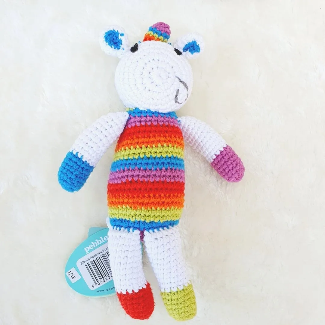 Fair Trade Crochet Cotton Rainbow Unicorn Soft Toy Baby Rattle