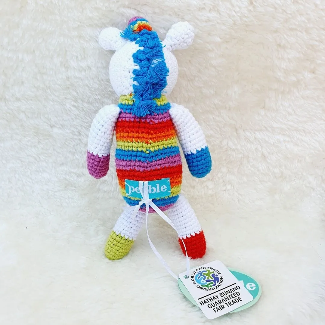 Fair Trade Crochet Cotton Rainbow Unicorn Soft Toy Baby Rattle