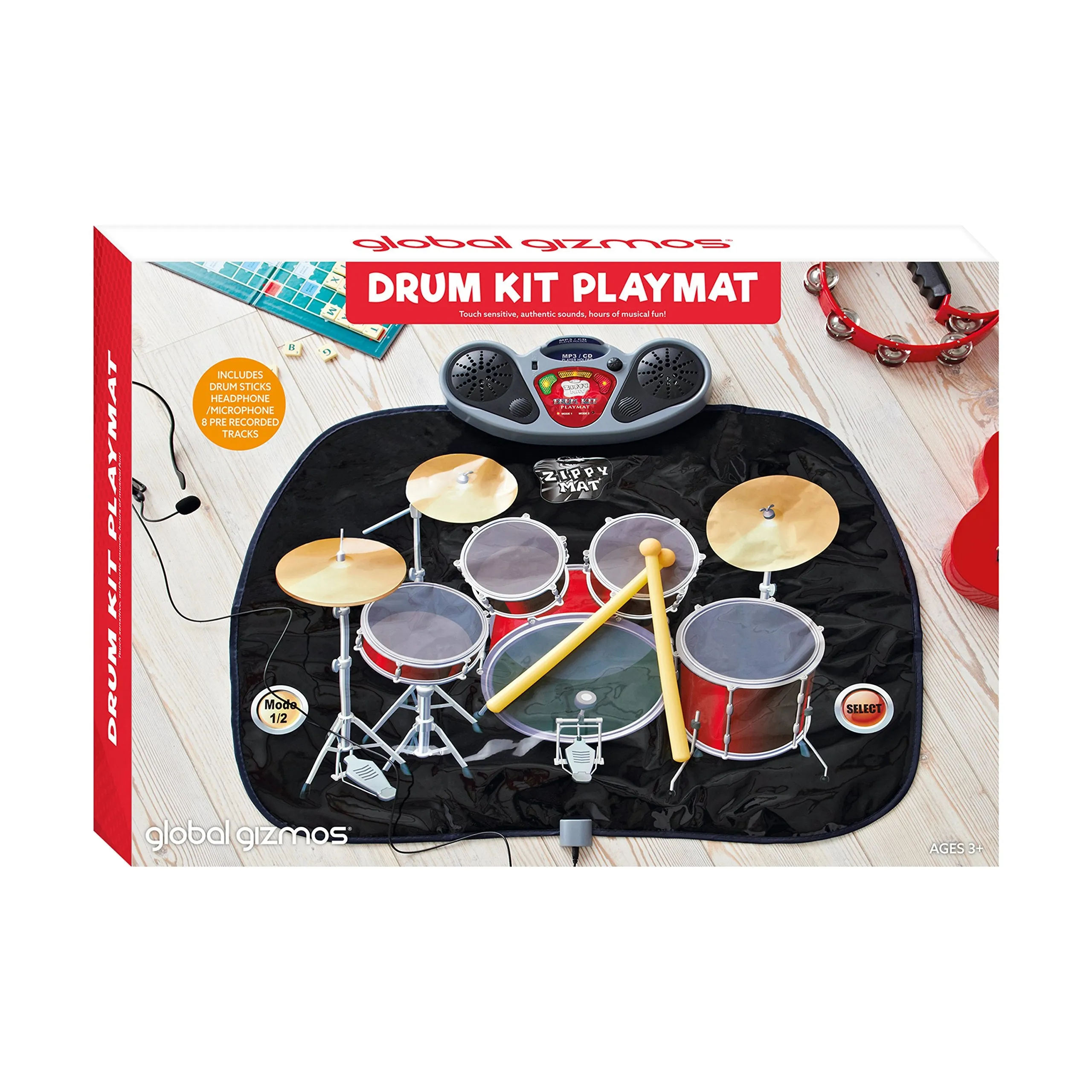 Global Gizmos Drum Kit Music Game Playmat ~ Kids, Fun ~ Includes Drumsticks ~ Interactive, Sounds ~ 52480 "