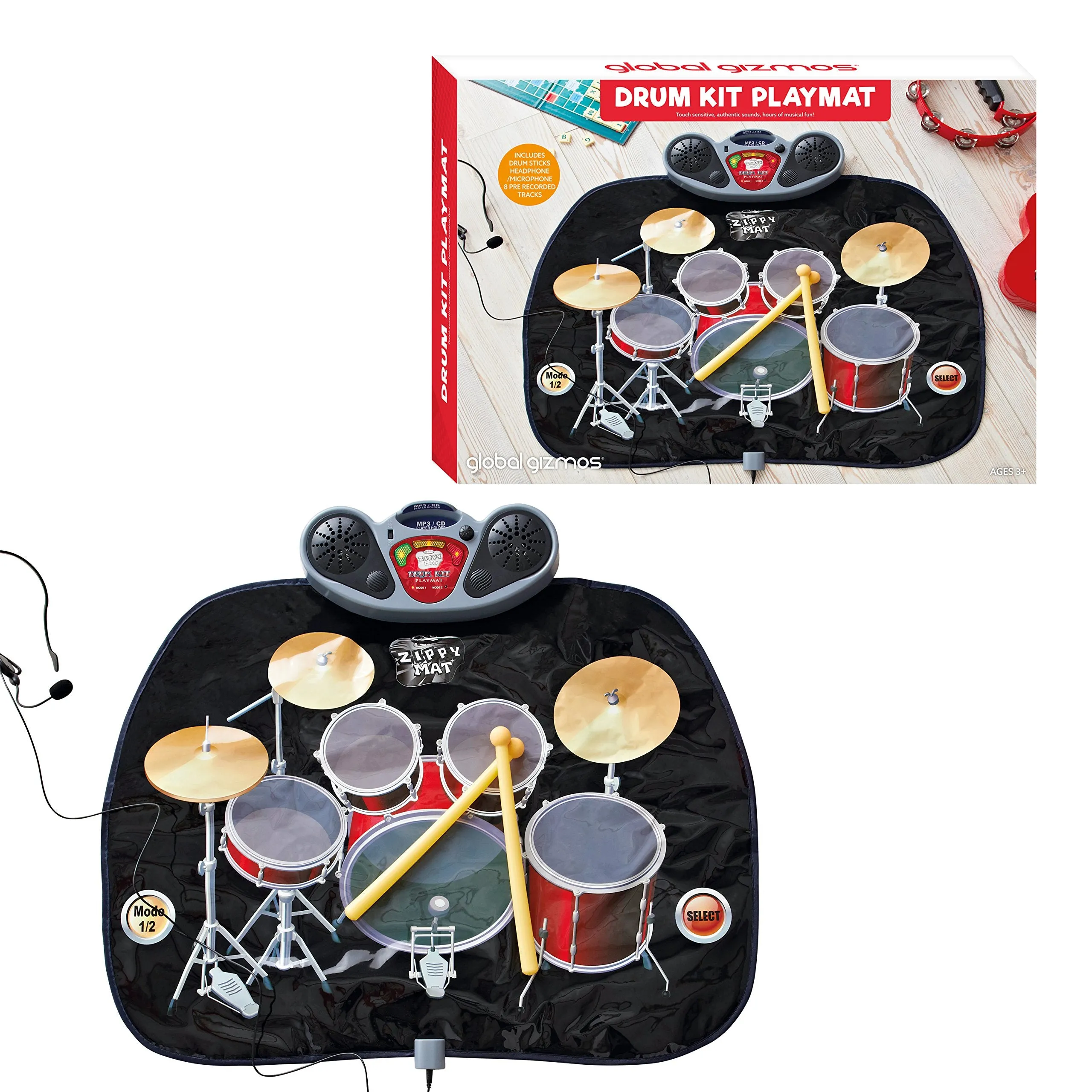 Global Gizmos Drum Kit Music Game Playmat ~ Kids, Fun ~ Includes Drumsticks ~ Interactive, Sounds ~ 52480 "