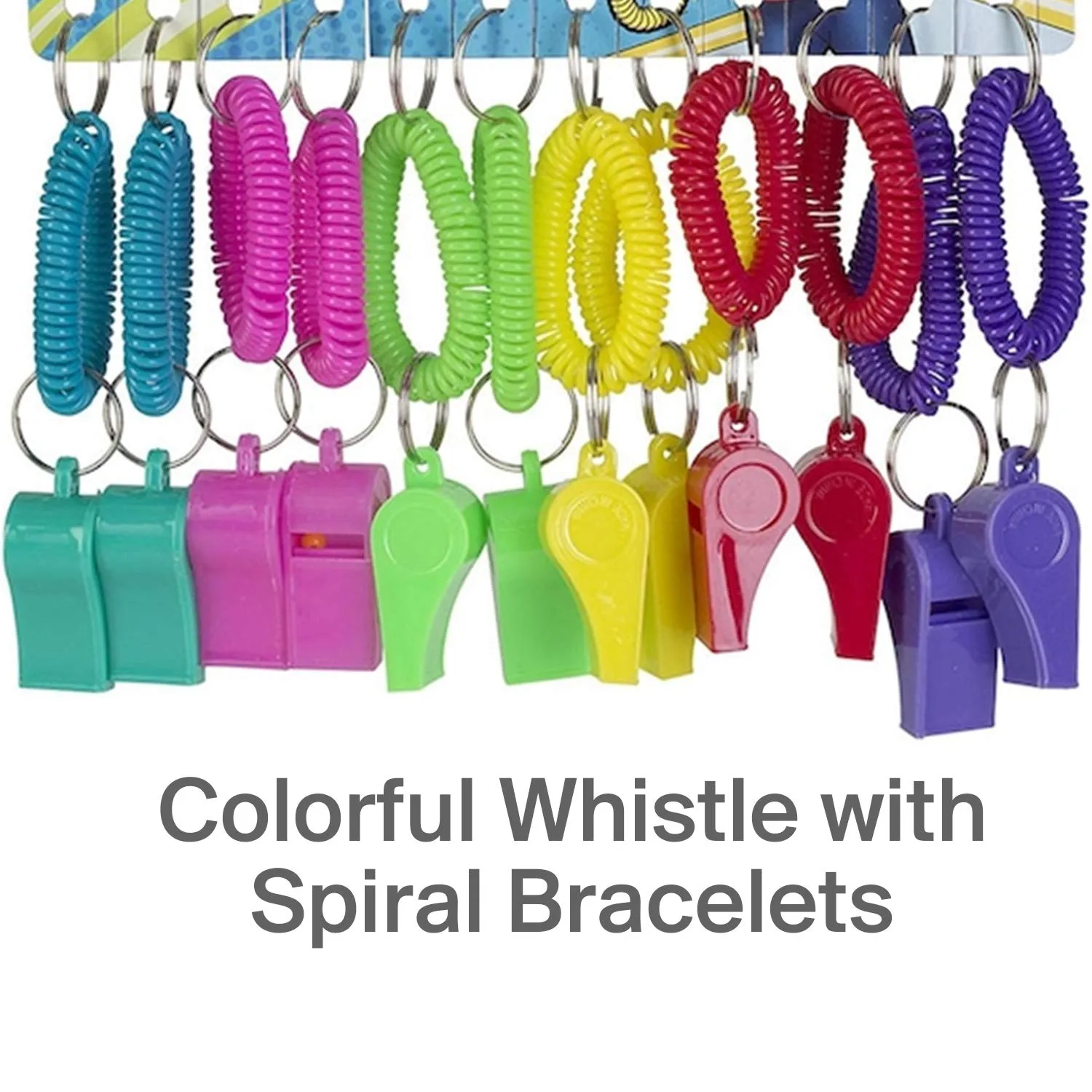 Kicko Colorful Whistle with Spiral Bracelet and Keychain - 36 Pack - Multi-colored