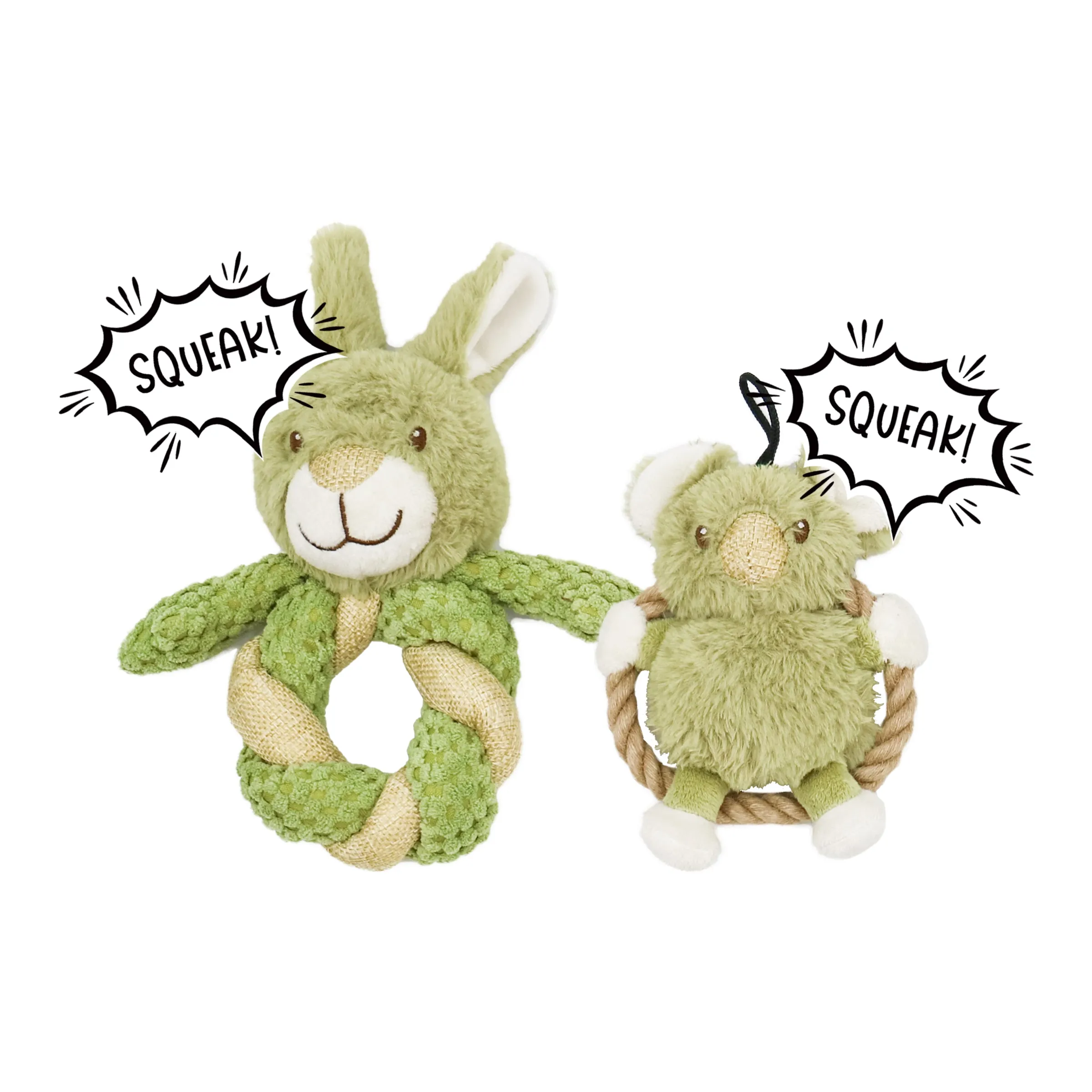 Mini Hula Hemp Koala and Bunny Twist Dog Toys: Fun Squeaker, Stimulates Mentally & Physically, Tough Hemp Rope for Fetch & Chew, Non-Toxic, Cleans Teeth, Variety of Textures, for Pets