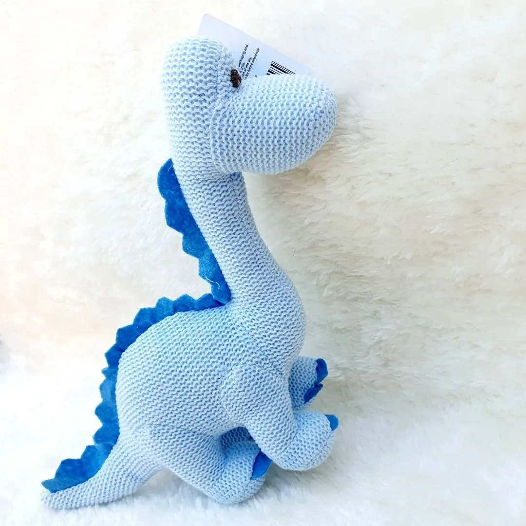 Organic Cotton Blue Dinosaur Knitted Diplodocus Soft Toy Baby Rattle