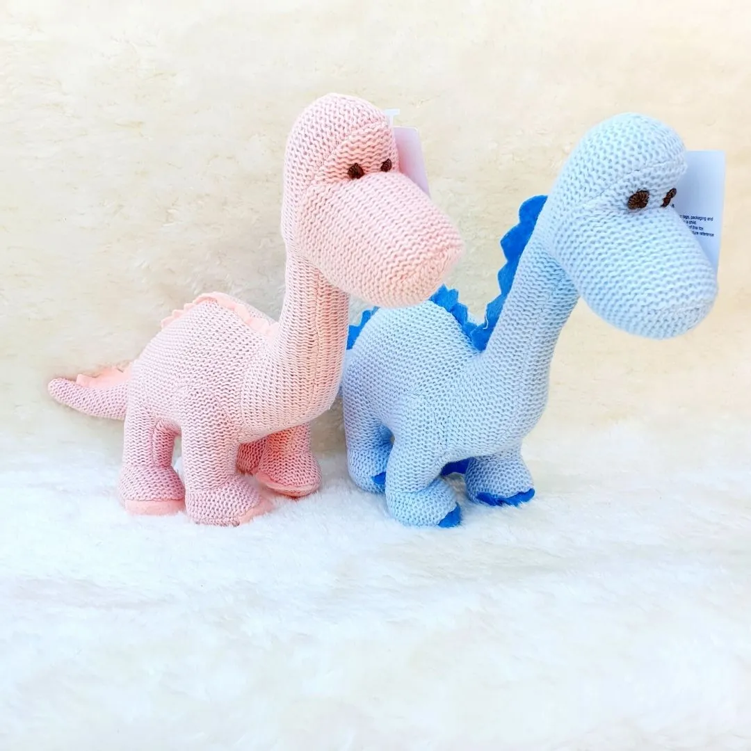 Organic Cotton Blue Dinosaur Knitted Diplodocus Soft Toy Baby Rattle