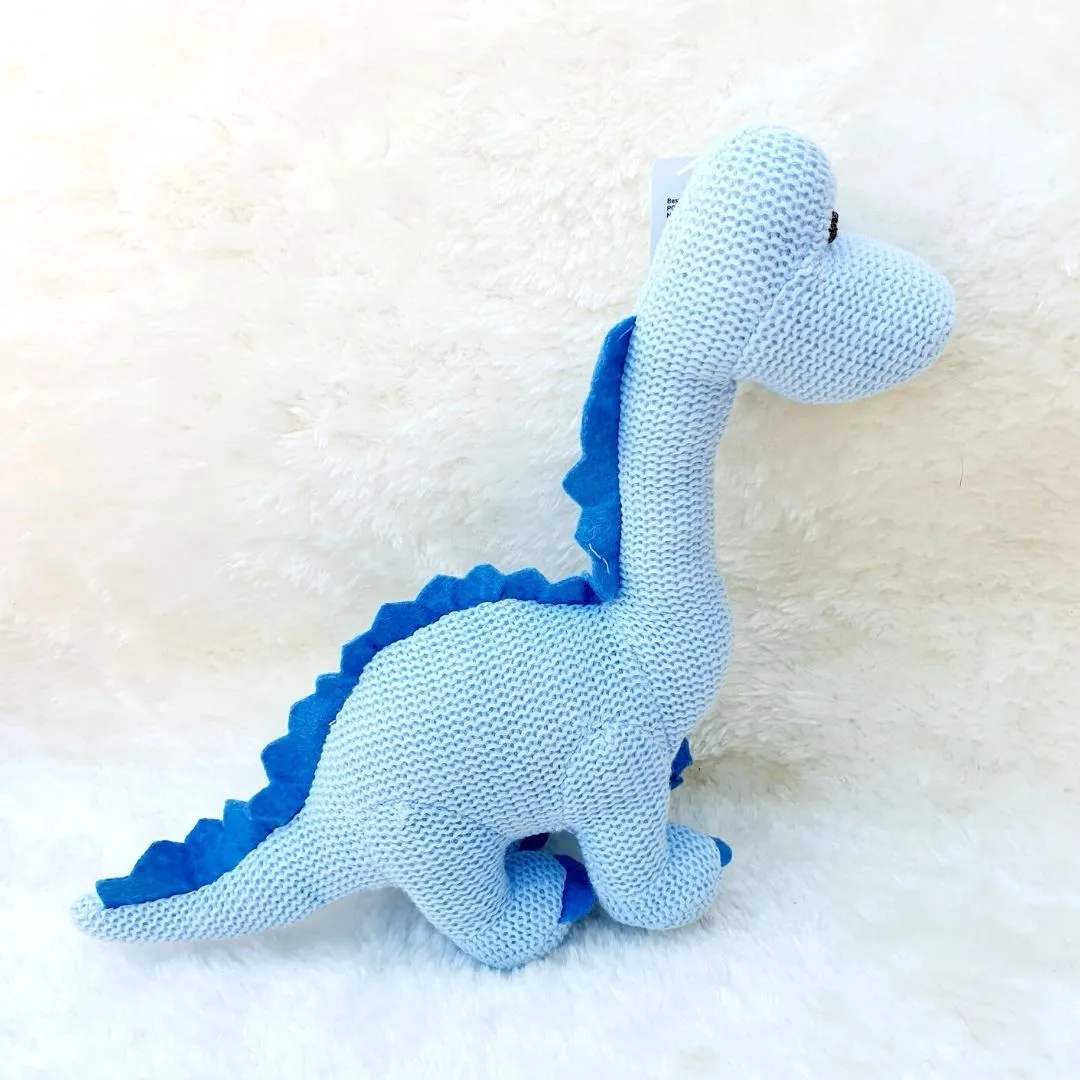 Organic Cotton Blue Dinosaur Knitted Diplodocus Soft Toy Baby Rattle