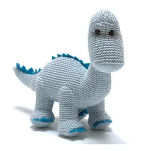 Organic Cotton Blue Dinosaur Knitted Diplodocus Soft Toy Baby Rattle