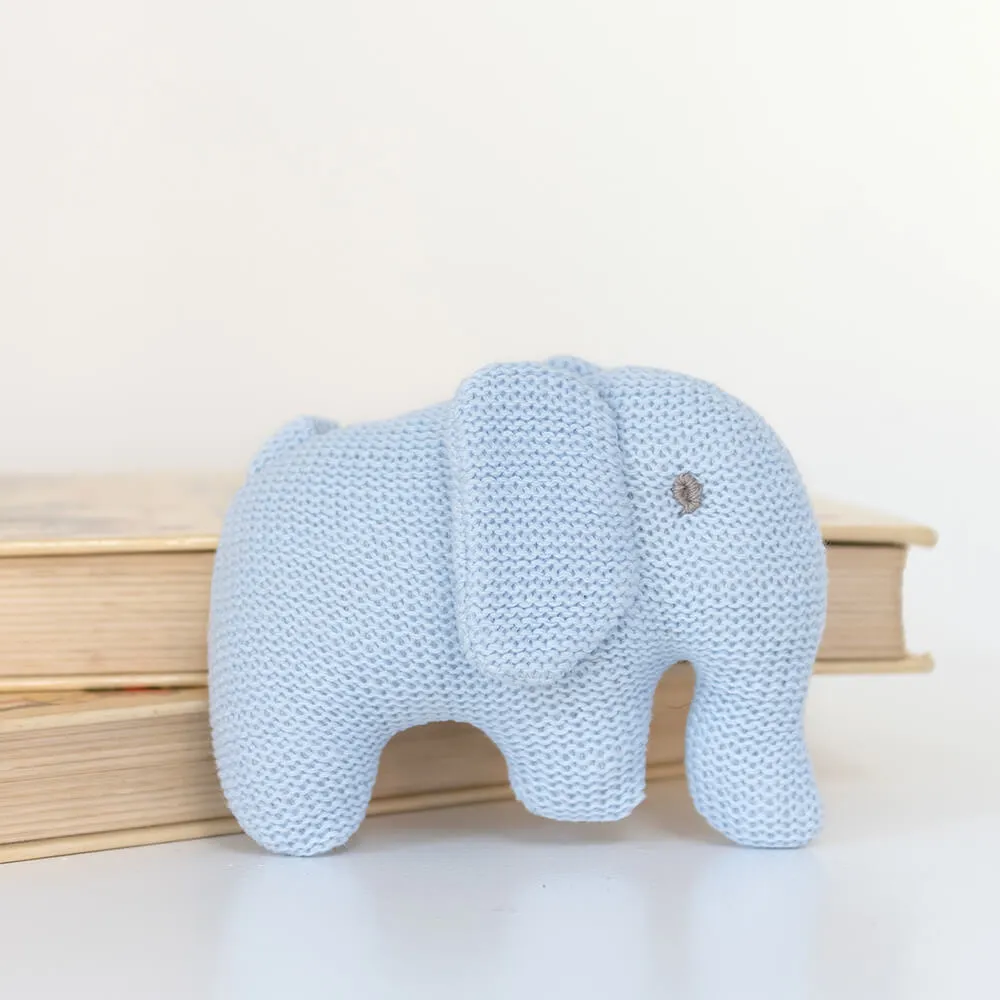 Organic Cotton Knitted Blue Elephant Soft Toy Baby Rattle