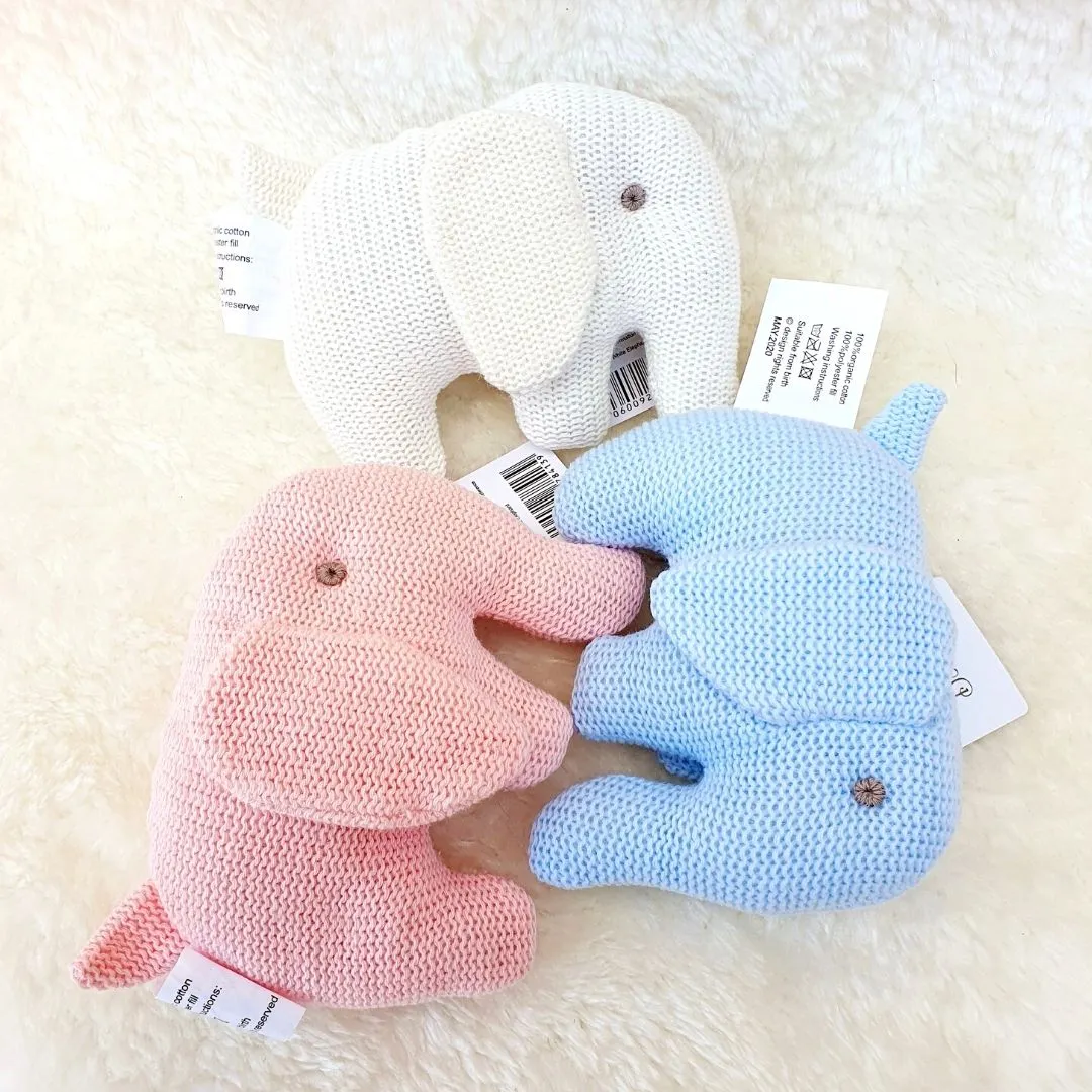 Organic Cotton Knitted Blue Elephant Soft Toy Baby Rattle