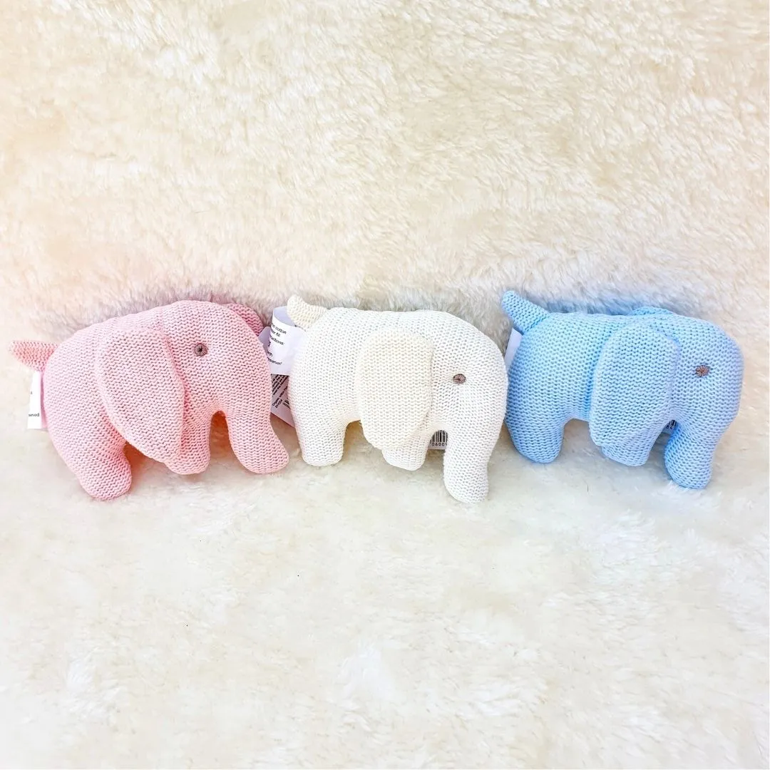 Organic Cotton Knitted Blue Elephant Soft Toy Baby Rattle