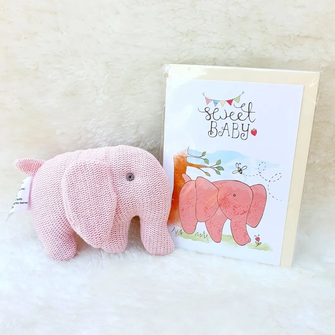 Organic Cotton Knitted Pink Elephant Soft Toy Baby Rattle