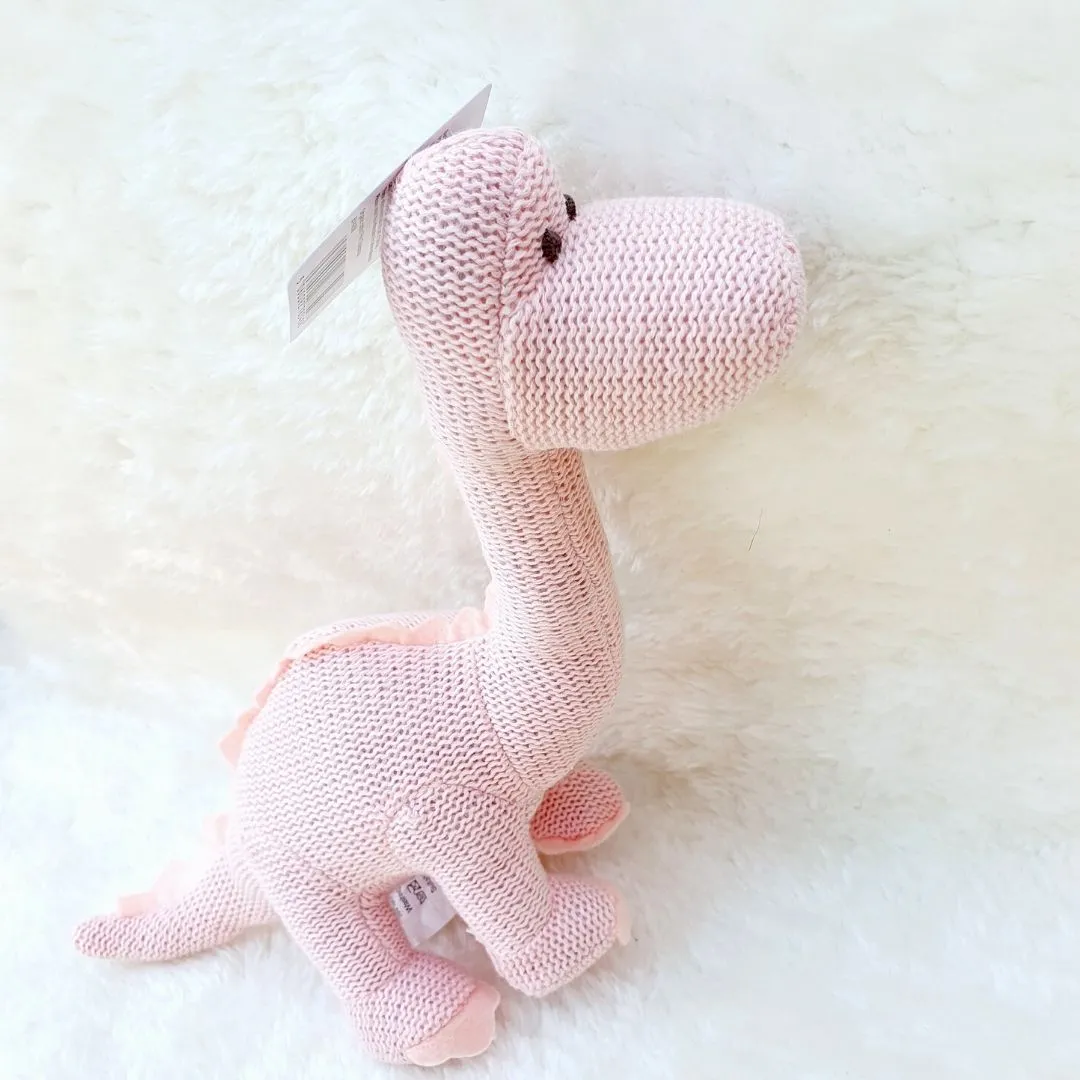 Organic Cotton Pink Dinosaur Knitted Diplodocus Soft Toy Baby Rattle